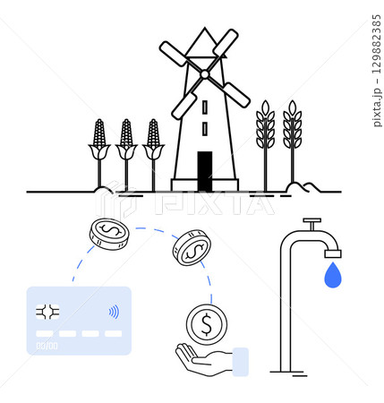 Windmill generating energy, corn crops growing, tap with water drop, digital card, and hand holding coin. Ideal for sustainable farming, renewable energy, digital payments, water management fintech Windmill generating energy, corn crops growing, tap with water drop, digital card, and hand holding coin. Ideal for sustainable farming, renewable energy, digital payments, water management fintech 129882385