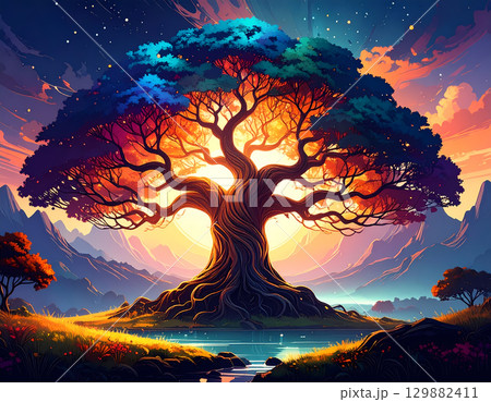 Magical fantasy tree of life landscape glowing with spiritual light from sun. Colorful nature scene with water and mountain background Magical fantasy tree of life landscape glowing with spiritual light from sun. Colorful nature scene with water and mountain background 129882411