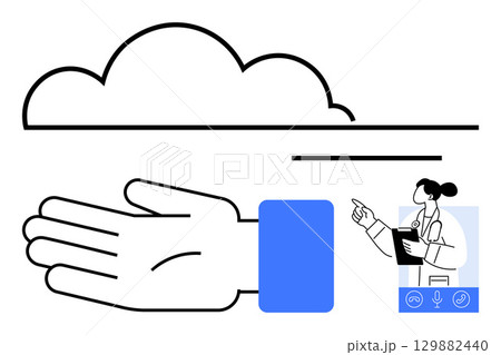Cloud, outstretched hand, healthcare professional, clipboard, speech icons. Ideal for healthcare tech, medical data, remote consultation, telemedicine cloud storage communication patient care 129882440