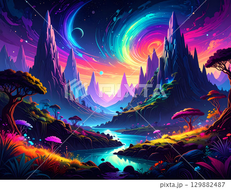 Wondrous fantasy alien landscape with vibrant, colorful galaxy sky. psychedelic river flows through neon mountain and dreamscape world 129882487