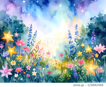 Magical watercolor illustration of whimsical fantasy flower garden landscape. Colorful star and bright light illuminate night sky background 129882488