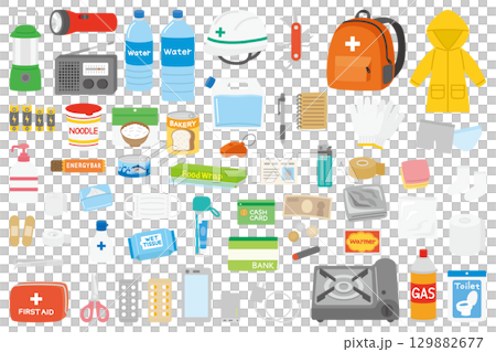 防災リュックと防災グッズにまつわるイラスト 129882677