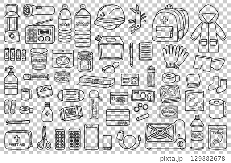 防災リュックと防災グッズにまつわる線画イラスト 129882678