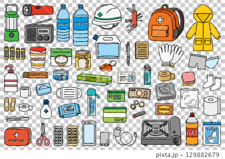 Hand-drawn illustrations of disaster preparedness backpacks and disaster preparedness supplies Hand-drawn illustrations of disaster preparedness backpacks and disaster preparedness supplies 129882679