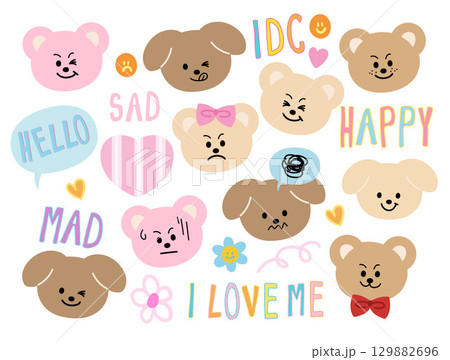 Cute vector illustration of puppy and teddy bear expression for animals, cartoon character, comic, zoo, souvenir shop, adopt and rescue pet, vet, foster home, patch, kid doll, plush toy, brooch, icon 129882696