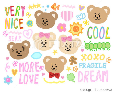 Cute vector illustration of teddy bear expression, flower, sun, fish, worm, clover leaf, heart, gingerbread man for animals, cartoon character, cute patches, kid doll, plush toy, comic, brooch, icon 129882698