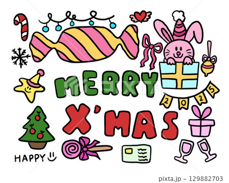 Hand drawn Christmas illustrations of Christmas tree, candy, pink bunny with party hat, gift box, ribbon, lights, candy cane, letters, champagne, ornaments for decorations, sticker, cartoon, icons 129882703