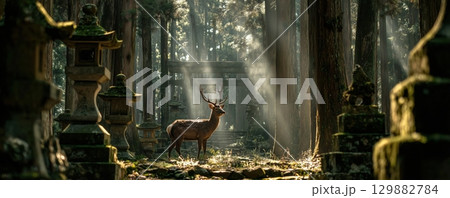Mystical Deer in Sacred Forest Light 129882784