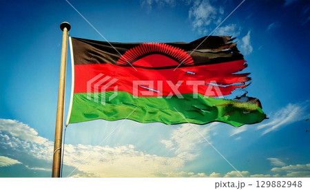 破けて朽ちた古いマラウイの国旗。 破けて朽ちた古いマラウイの国旗。 129882948