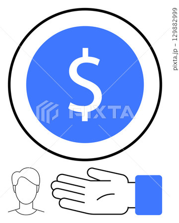 Dollar sign in a blue circle, minimalistic outline of a person and an open hand. Ideal for finance, business, economics, transactions, payments, support assistance. Line metaphor Dollar sign in a blue circle, minimalistic outline of a person and an open hand. Ideal for finance, business, economics, transactions, payments, support assistance. Line metaphor 129882999