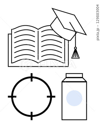 Open book with graduation cap, target icon, and carton box. Ideal for education, academic achievement, goal setting, precision, packaging study and organization concepts. Line metaphor Open book with graduation cap, target icon, and carton box. Ideal for education, academic achievement, goal setting, precision, packaging study and organization concepts. Line metaphor 129883004