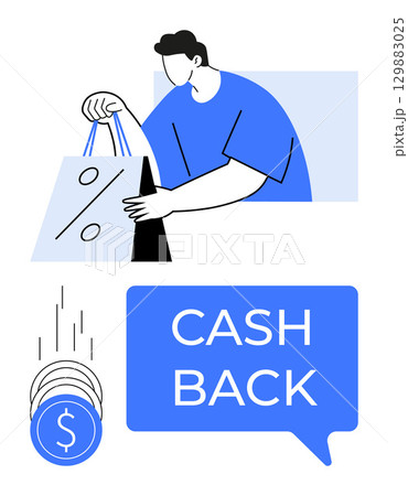 Person holding shopping bags, discount percentage sign, coins falling, Cash Back in speech bubble. Ideal for e-commerce, sales promotions, customer incentives, retail offers, loyalty programs 129883025