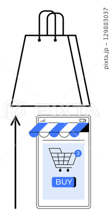 Shopping bag above smartphone screen with online cart. Ideal for e-commerce, digital buying, mobile apps, online shopping, technology growth, consumer behavior, retail evolution. Line metaphor Shopping bag above smartphone screen with online cart. Ideal for e-commerce, digital buying, mobile apps, online shopping, technology growth, consumer behavior, retail evolution. Line metaphor 129883037