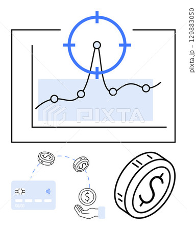 Line chart with target focus symbol marking peak, currency symbols, credit card, and hand holding money. Ideal for financial planning, investment strategies, economic analysis, business growth 129883050