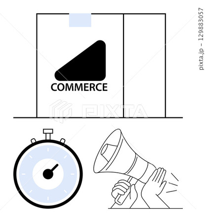 Rectangle with Commerce text stopwatch, and megaphone held by hands. Ideal for e-commerce, marketing, advertising, business strategy, online shopping, time management, and digital communication 129883057