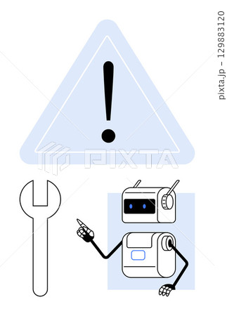 Warning sign robot with finger point, and wrench tool. Ideal for alerts, cybersecurity, AI, innovation, robotics, repairs, and support. Line metaphor Warning sign robot with finger point, and wrench tool. Ideal for alerts, cybersecurity, AI, innovation, robotics, repairs, and support. Line metaphor 129883120