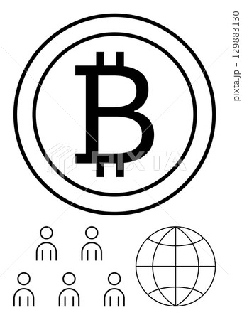 Bitcoin symbol, users, and globe communicating cryptocurrencys worldwide community, digital currency, and technology. Ideal for finance, technology, globalization, digital economy, blockchain 129883130