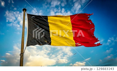 破けて朽ちた古いベルギーの国旗。 129883143