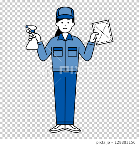 A cleaning woman holding a spray detergent and a rag (full body) 129883150