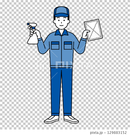 スプレー洗剤と雑巾を持つ清掃業者の男性（全身） 129883152