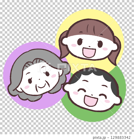 Illustration of a smiling senior woman and children 129883342