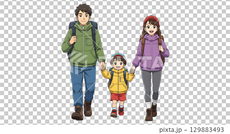 Family lifestyle. Family travel time. Happy family go to Camping. Cartoon illustration design. 129883493