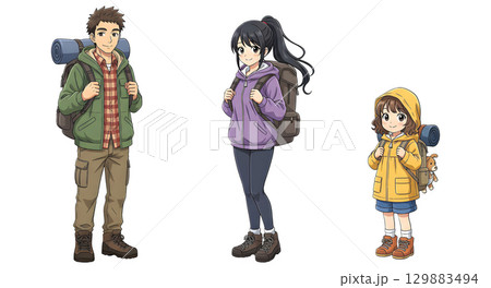 Family lifestyle. Family travel time. Happy family go to Camping. Cartoon illustration design. 129883494