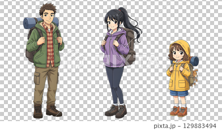 Family lifestyle. Family travel time. Happy family go to Camping. Cartoon illustration design. 129883494