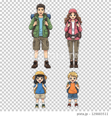 Family lifestyle. Family travel time. Happy family go to Camping. Cartoon illustration design. Family lifestyle. Family travel time. Happy family go to Camping. Cartoon illustration design. 129883511