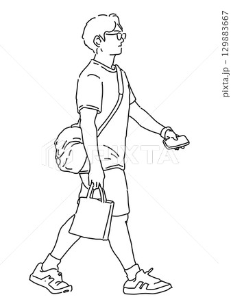 歩くメガネの男性の線画イラスト 129883667