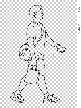 歩くメガネの男性の線画イラスト 129883667