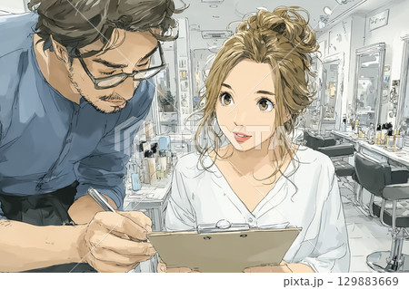 美優シリーズ：ノートを使って施術内容を説明する美容師 129883669