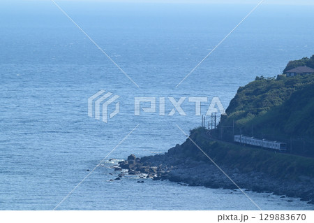 海岸線を走る伊豆急のアロハ電車 129883670