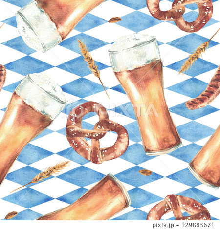 Pretzel with glass of beer, sausage, spike of malt on blue rhombus Bavarian flags background seamless pattern. Oktoberfest food, drink. Watercolor painted isolated illustration for packaging, napkins 129883671