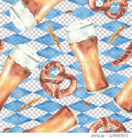 Pretzel with glass of beer, sausage, spike of malt on blue rhombus Bavarian flags background seamless pattern. Oktoberfest food, drink. Watercolor painted isolated illustration for packaging, napkins Pretzel with glass of beer, sausage, spike of malt on blue rhombus Bavarian flags background seamless pattern. Oktoberfest food, drink. Watercolor painted isolated illustration for packaging, napkins 129883671