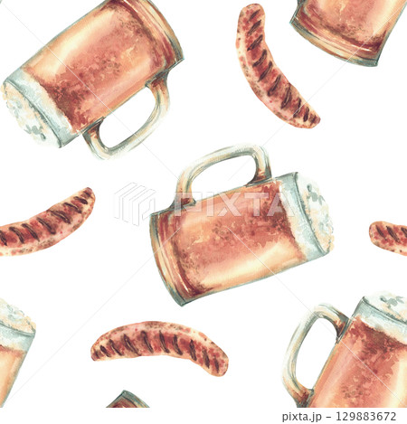 Sausage and beer mug seamless pattern. German grilled meat and foamy drink. Hand painted watercolor food snack illustration for restaurant, Oktoberfest menu, eat packaging isolated from background 129883672