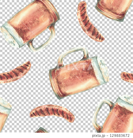 Sausage and beer mug seamless pattern. German grilled meat and foamy drink. Hand painted watercolor food snack illustration for restaurant, Oktoberfest menu, eat packaging isolated from background 129883672