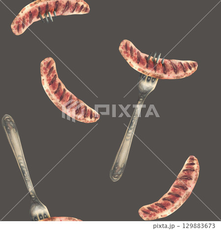 Sausage on fork seamless pattern. Hand painted watercolor food snack illustration for restaurant, Oktoberfest menu, eat packaging, labelling German traditional grilled meat on isolated dark background Sausage on fork seamless pattern. Hand painted watercolor food snack illustration for restaurant, Oktoberfest menu, eat packaging, labelling German traditional grilled meat on isolated dark background 129883673