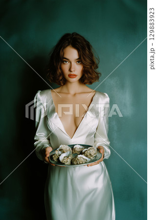 A woman in a white dress holding a plate of oysters 129883923