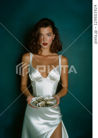 A woman is holding a plate of oysters in her hand 129883924