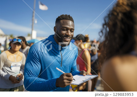 A man in a blue shirt is writing on a clipboard 129883953