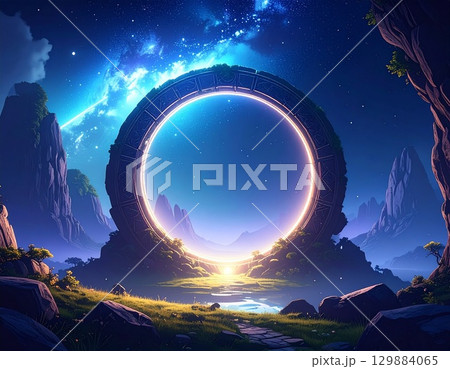 青く輝く満月と星空と海と雲と不思議な風景画 青く輝く満月と星空と海と雲と不思議な風景画 129884065