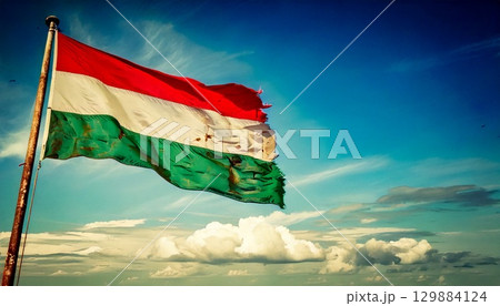 破けて朽ちた古いハンガリーの国旗。 129884124