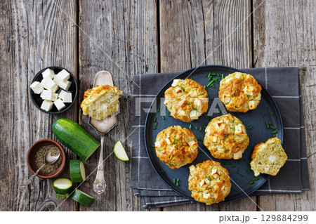 Greek Style Zucchini Feta Muffins, top view Greek Style Zucchini Feta Muffins, top view 129884299