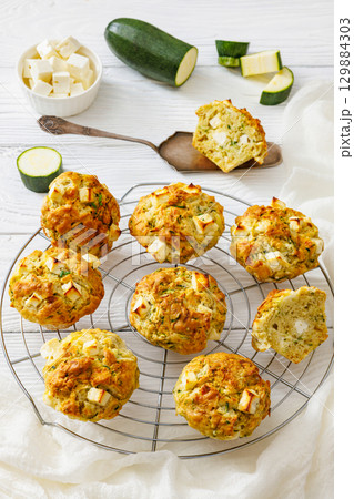 Greek Style Zucchini Feta Muffins, top view Greek Style Zucchini Feta Muffins, top view 129884303