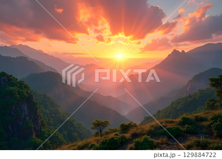 sunrise over mountains 129884722