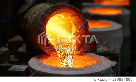 Molten gold pouring from smelting crucible into mold, glowing orange metal, industrial process, intense heat, dramatic scene 129884800