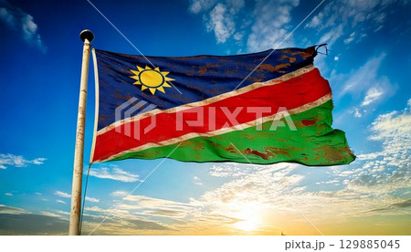 破けて朽ちた古いナミビアの国旗。 129885045