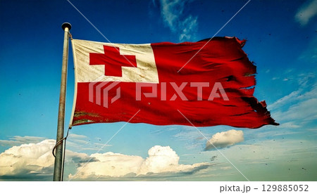 破けて朽ちた古いトンガの国旗。 129885052