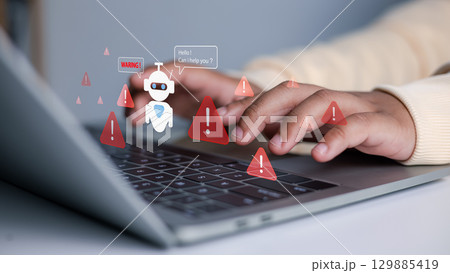 Cybersecurity and Laptop Warnings. Online security threats, AI scams, and the importance of cyber awareness and protection. Hands typing on a laptop with digital warning signs and chatbot messages. Cybersecurity and Laptop Warnings. Online security threats, AI scams, and the importance of cyber awareness and protection. Hands typing on a laptop with digital warning signs and chatbot messages. 129885419